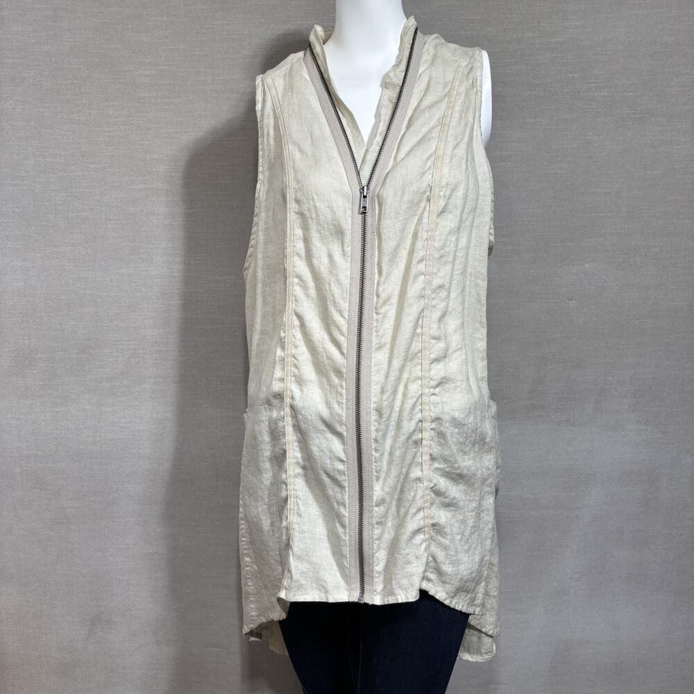 Luii Womens Linen‎ Full Zip Sleeveless Top Large Lagenlook Minimalist Natural